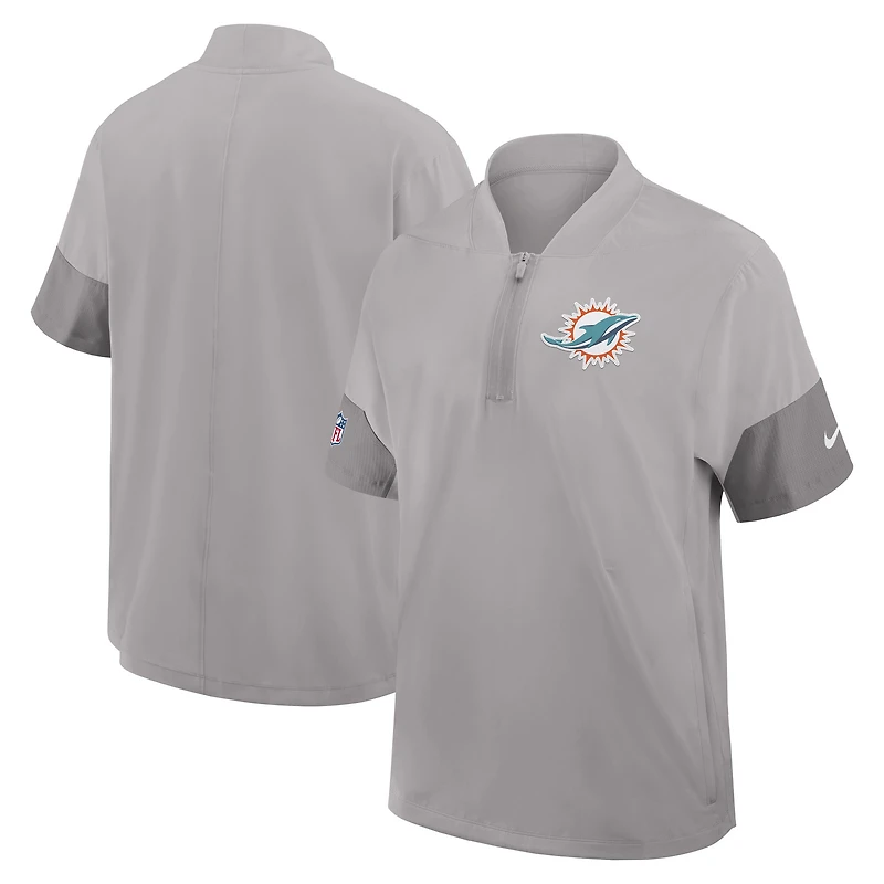 Veste d'entraîneur Nike Dri-FIT à manches courtes et fermeture éclair quart de tour, grise, Miami Dolphins, pour homme