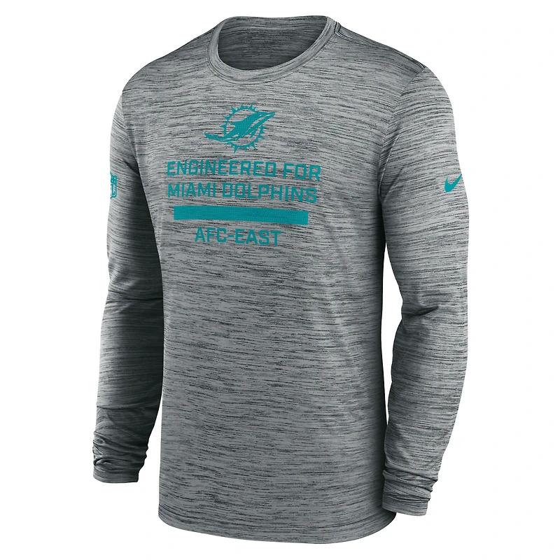 T-shirt Nike gris à manches longues Sideline Velocity Performance pour homme des Dolphins de Miami