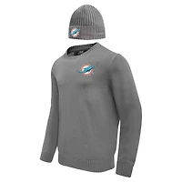 Men's Pro Standard Gray Miami Dolphins Crewneck Pullover Sweater & Cuffed Knit Hat Box Gift Set