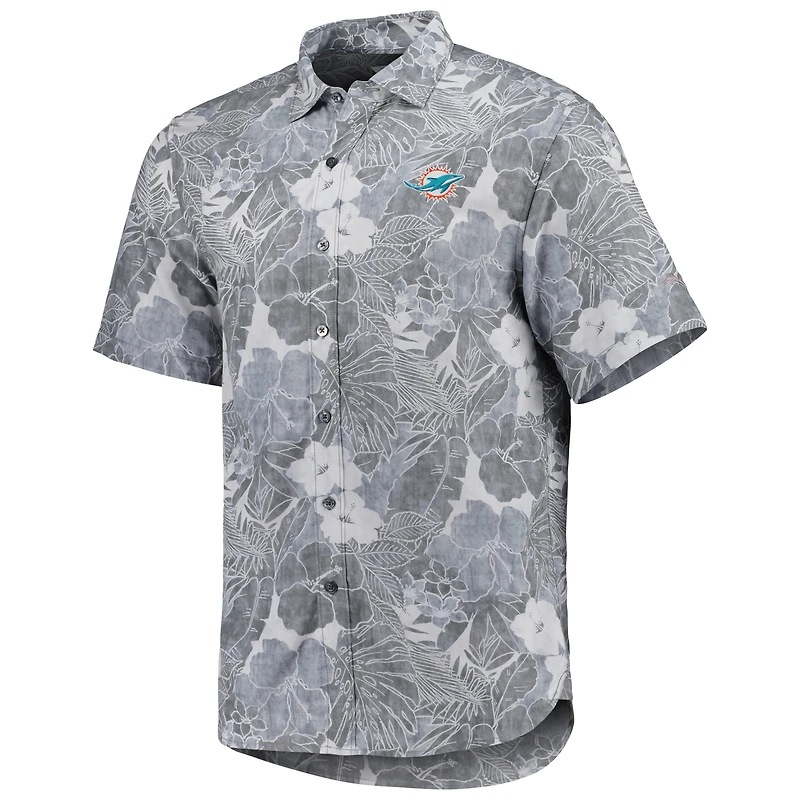 Chemise boutonnée Tommy Bahama grise Miami Dolphins Coconut Point Playa Floral Camp IslandZone pour hommes