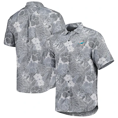 Chemise boutonnée Tommy Bahama grise Miami Dolphins Coconut Point Playa Floral Camp IslandZone pour hommes
