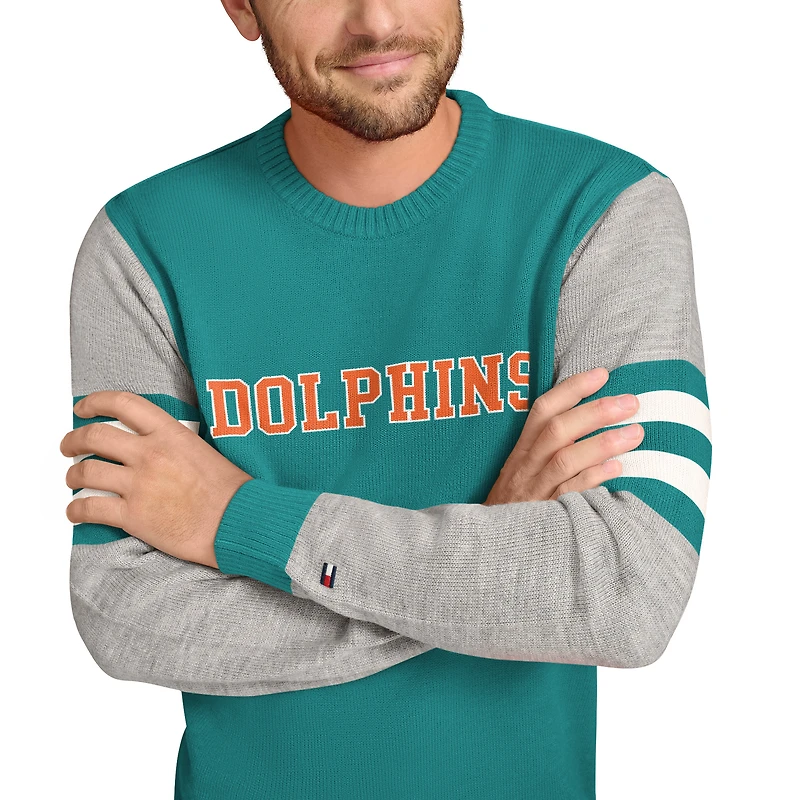 Pull ras du cou en acrylique Tommy Hilfiger Aqua/Gris chiné pour homme, Miami Dolphins