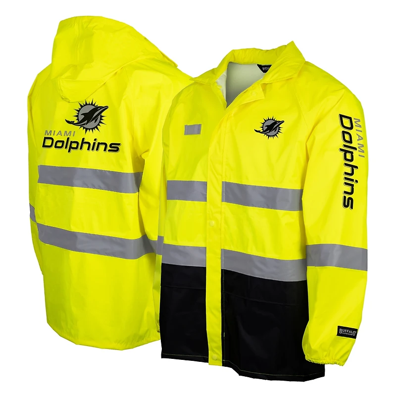 Veste de sécurité imperméable à capuche et fermeture éclair intégrale jaune haute visibilité des Dolphins Miami pour homme