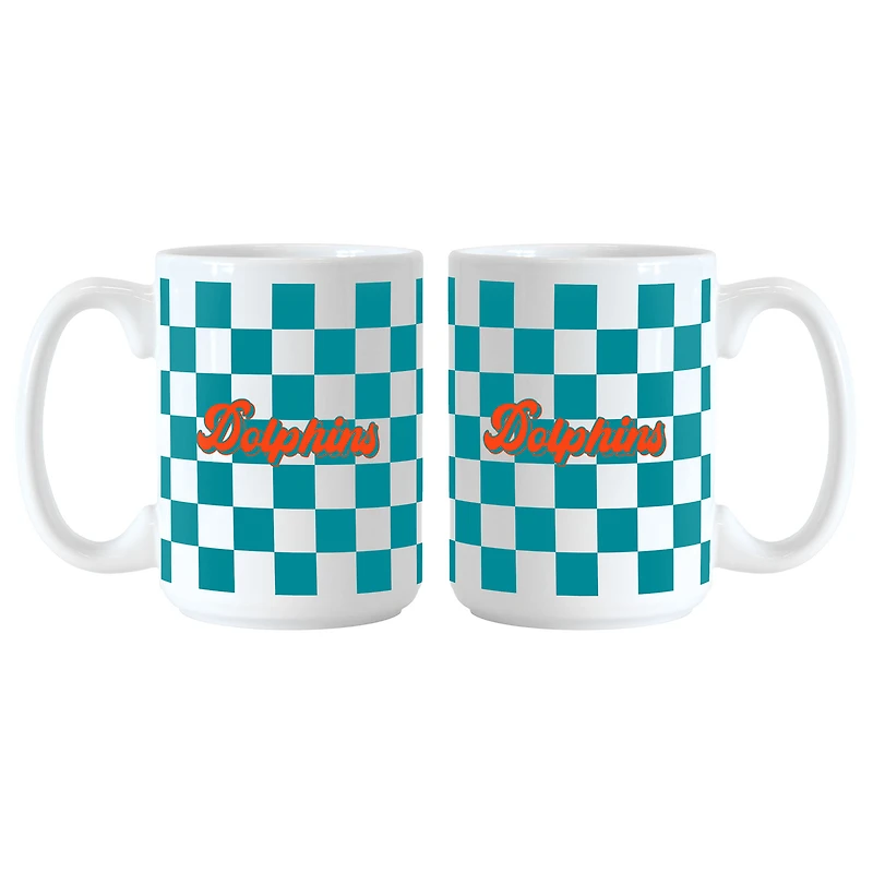 Miami Dolphins 2-Pack 15oz. Checkered Wordmark Mug Set