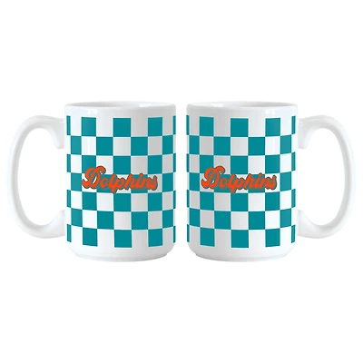 Miami Dolphins 2-Pack 15oz. Checkered Wordmark Mug Set