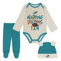 Newborn Outerstuff Aqua Miami Dolphins Little Champ Three-Piece Long Sleeve Bodysuit, Pants and Cuffed Hat Set
