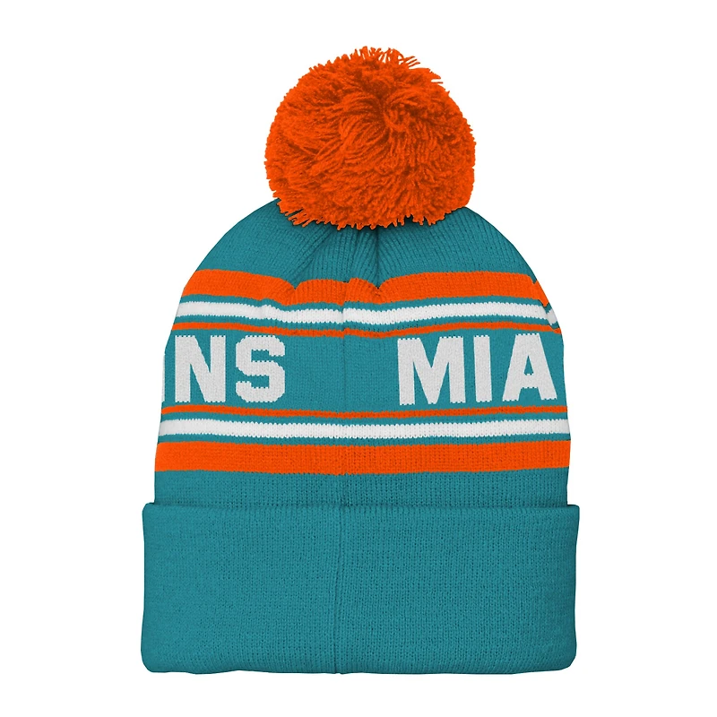 Bonnet en tricot à revers jacquard Aqua Miami Dolphins pour enfants d'âge préscolaire avec pompon