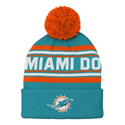Bonnet en tricot à revers jacquard Aqua Miami Dolphins pour enfants d'âge préscolaire avec pompon