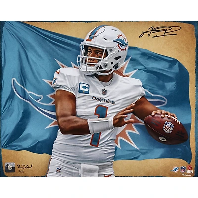 Tua Tagovailoa Miami Dolphins Autographed 16" x 20" Photo Print - Designed and Signed by Artist Brian Konnick - Limited Edition of 20