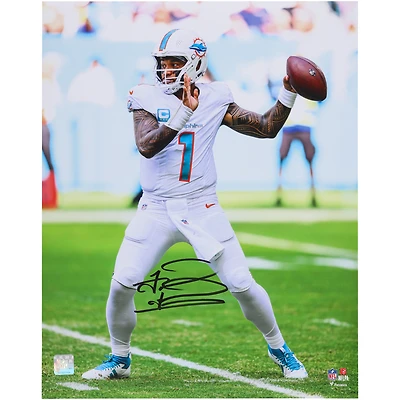 Tua Tagovailoa Miami Dolphins Autographed 16" x 20" White Jersey Throwing Photograph