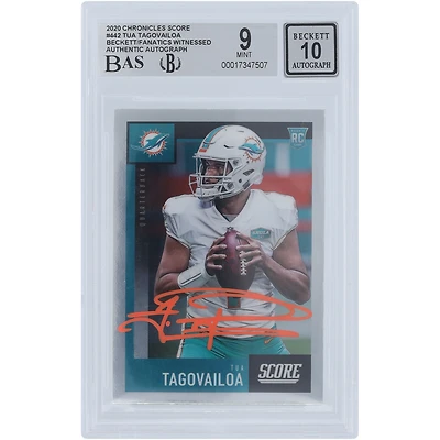 Carte de recrue 9/10 authentifiée Beckett Fanatics 2020 de Tua Tagovailoa Miami Dolphins, encre orange n° 442