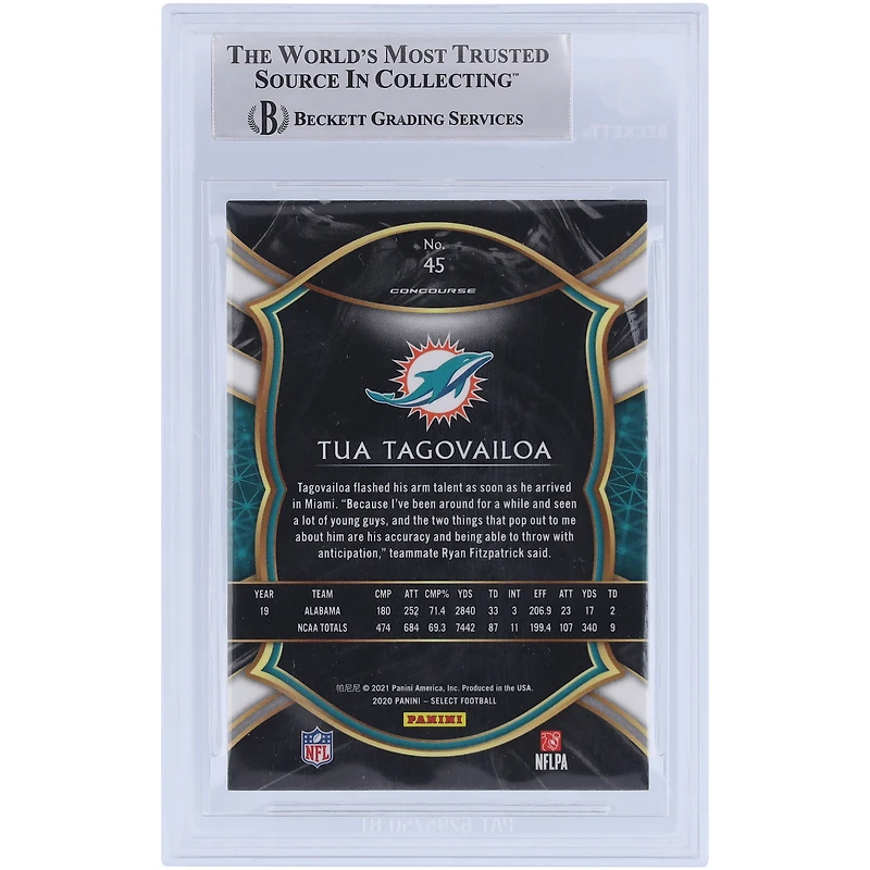 Tua Tagovailoa Miami Dolphins Autographed 2020 Panini Select #45 Beckett Fanatics Witnessed Authenticated Rookie Card