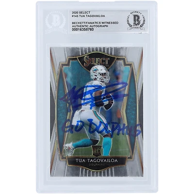 Carte de recrue authentifiée signée Tua Tagovailoa Miami Dolphins Panini Select Premier Level #145 2020 Beckett Fanatics avec l'inscription « GO DOLPHINS »