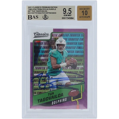 Tua Tagovailoa Miami Dolphins Autographed 2021 Panini Classic Premium Edition Timeless Tributes H2 Purple #67 #/50 Beckett Fanatics Witnessed Authenticated 9.5/10 Card