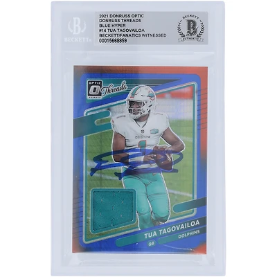 Tua Tagovailoa Miami Dolphins Autographed 2021 Panini Donruss Optic Threads Blue Hyper Relic #TH-14 Beckett Fanatics Witnessed Authenticated Card