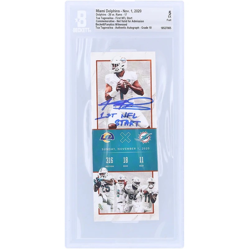 Billet commémoratif autographié du premier départ en carrière de Beckett par les Dolphins de Miami, 5/10 ans, du 1er novembre 2020, avec l'inscription « 1ST NFL START ».
