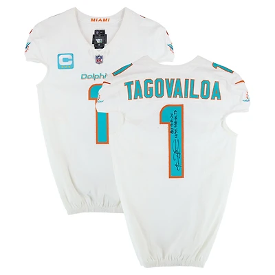 Tua Tagovailoa Miami Dolphins Autographed Game-Used #1 White Nike Jersey vs. Jacksonville Jaguars on September 8, 2024 with Multiple Inscriptions