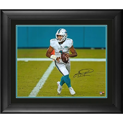Tua Tagovailoa Miami Dolphins Framed Autographed 16" x 20" White Jersey Rolling Out Photograph