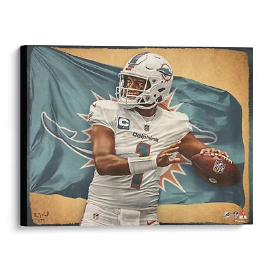 Tua Tagovailoa Miami Dolphins Stretched 20" x 24" Canvas Giclee Print - Designed and Signed by Artist Brian Konnick - Limited Edition of 25
