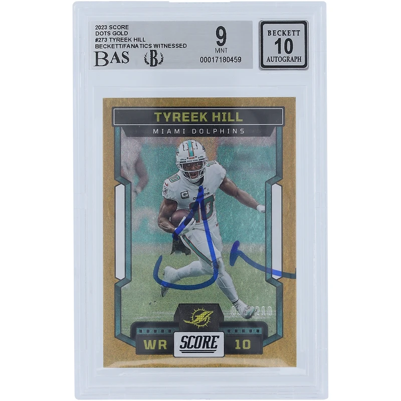 Tyreek Hill Miami Dolphins Autographed 2023 Panini Score Dots Gold #273 #/210 Beckett Fanatics Witnessed Authenticated 9/10 Card