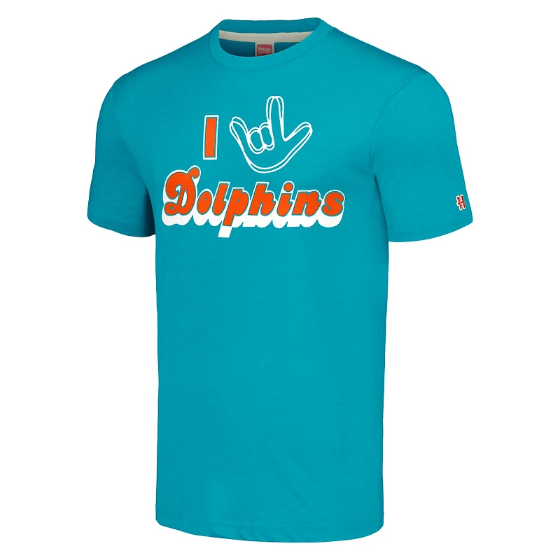 Hommage unisexe aux Dolphins de Miami, bleu sarcelle, collection NFL ASL par Love Sign T-shirt triple mélange