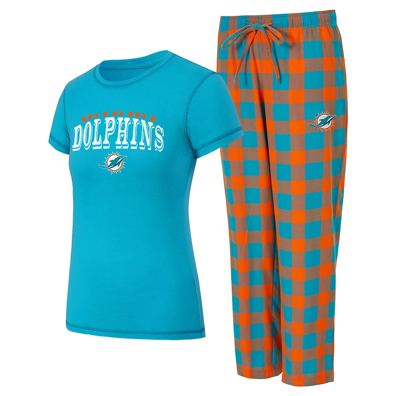 Ensemble pyjama en flanelle pour femme Concepts Sport Aqua/Orange Miami Dolphins Avondale avec t-shirt et pantalon