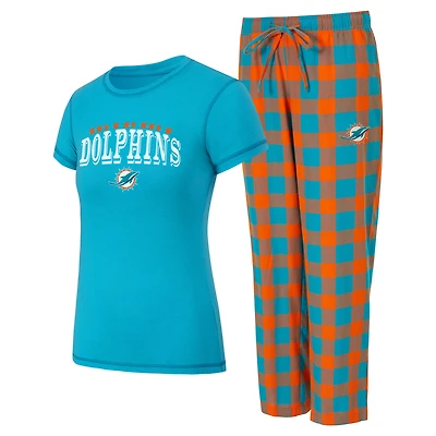 Ensemble pyjama en flanelle pour femme Concepts Sport Aqua/Orange Miami Dolphins Avondale avec t-shirt et pantalon
