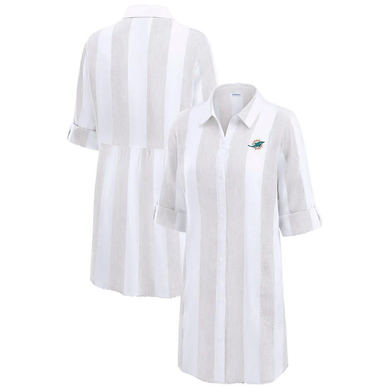 Tunique boutonnée à rayures de plage rugby Tommy Bahama kaki/blanc pour femme des Miami Dolphins