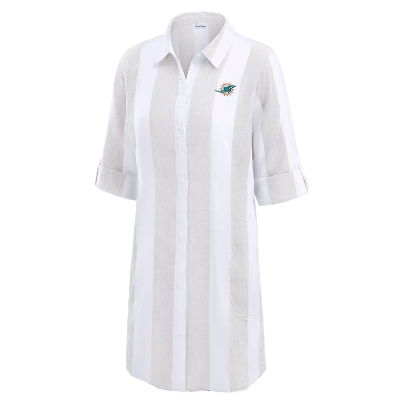 Women's Tommy Bahama  Khaki/White Miami Dolphins Rugby Beach Stripe Button-Up Tunic