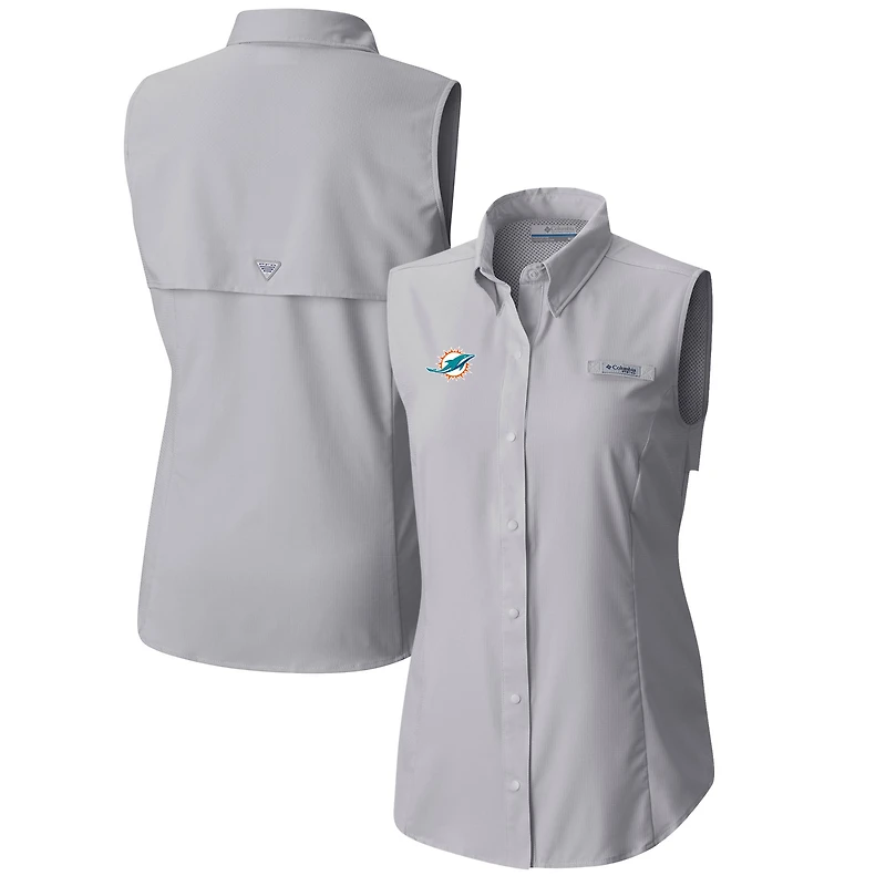 Chemise boutonnée sans manches Columbia grise Miami Dolphins PFG Tamiami Omni-Shade pour femme