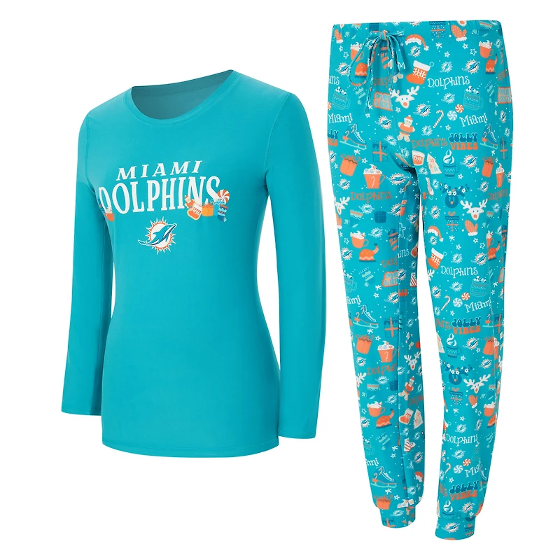 Women's Concepts Sport Aqua Miami Dolphins Chesnut Long Sleeve T-Shirt and Pant Sleep Set