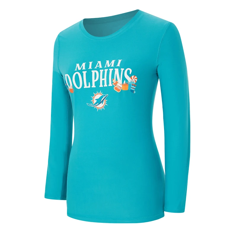 Ensemble de nuit pour femme Concepts Sport Aqua Miami Dolphins, t-shirt à manches longues et pantalon couleur châtaigne