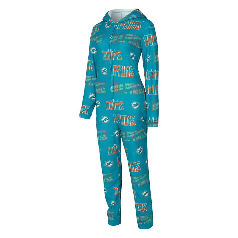 Women's Concepts Sport Aqua Miami Dolphins Roadway Allover Print Microfleece Full-Zip Union Suit