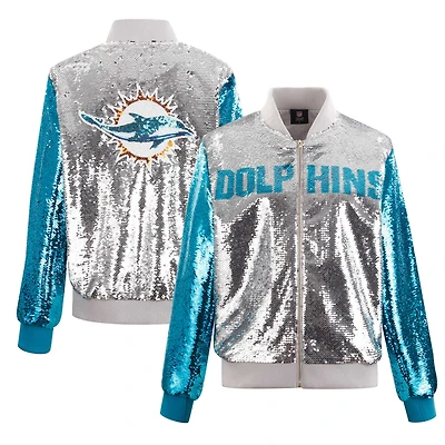 Veste zippée à paillettes bicolore couleur équipe Cuce Silver Miami Dolphins pour femme