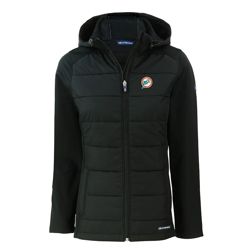 Veste à capuche entièrement zippée et recyclée en softshell hybride écologique pour femme Cutter & Buck, noire, des Miami Dolphins, Throwback Evoke