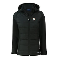 Veste à capuche entièrement zippée et recyclée en softshell hybride écologique pour femme Cutter & Buck, noire, des Miami Dolphins, Throwback Evoke
