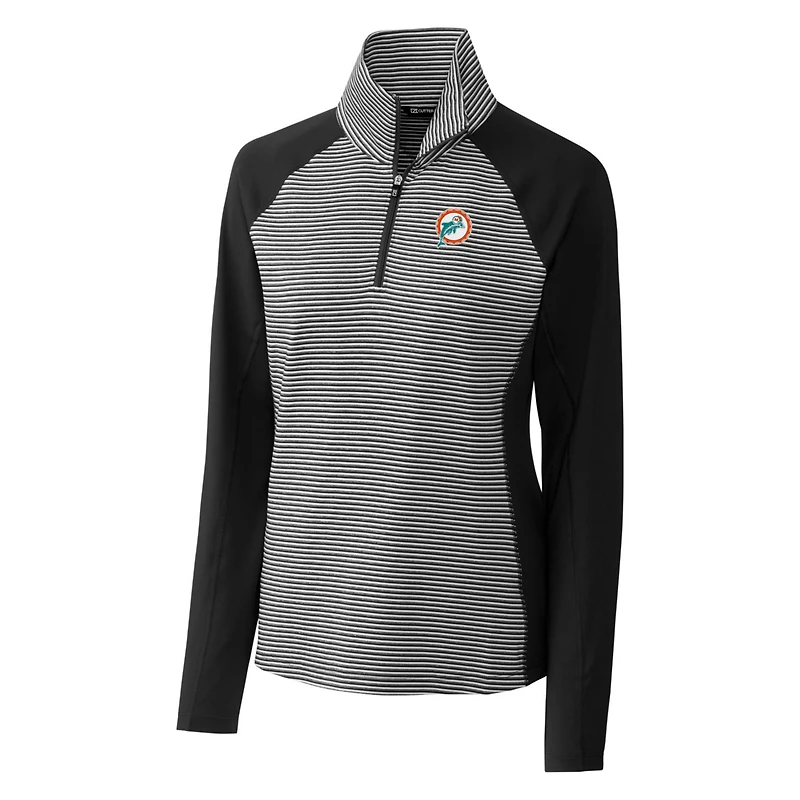 Pull-over extensible demi-zippé à rayures ton sur et logo rétro des Dolphins de Miami pour femme Cutter & Buck noir