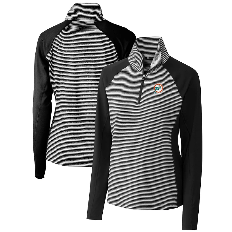 Pull-over extensible demi-zippé à rayures ton sur et logo rétro des Dolphins de Miami pour femme Cutter & Buck noir