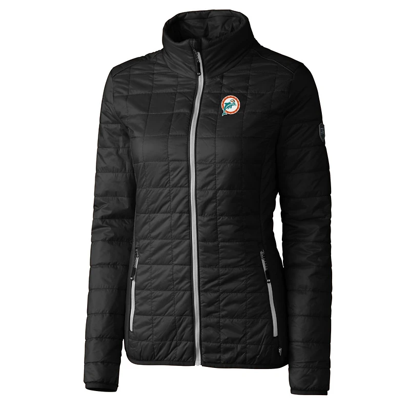 Doudoune Rainier PrimaLoft Eco entièrement zippée pour femme, noire, avec logo rétro des Dolphins de Miami, Cutter & Buck