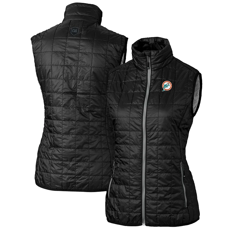 Gilet matelassé entièrement zippé Rainier PrimaLoft Eco pour femme, noir, avec logo rétro des Dolphins de Miami, Cutter & Buck