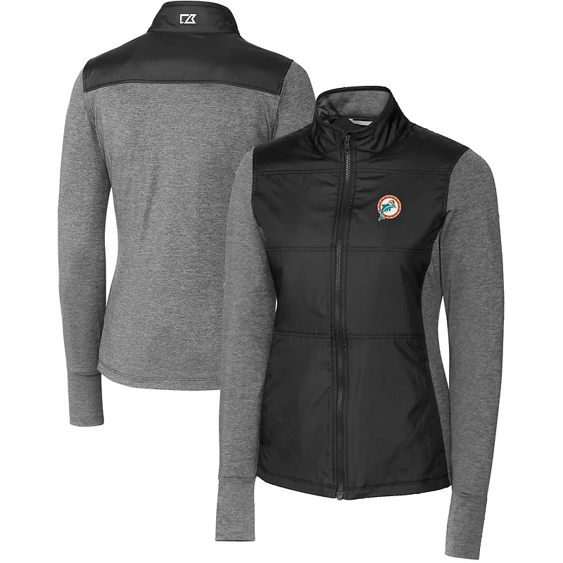 Coupe-vent matelassé entièrement zippé pour femme, noir, avec logo rétro des Dolphins de Miami, Cutter & Buck
