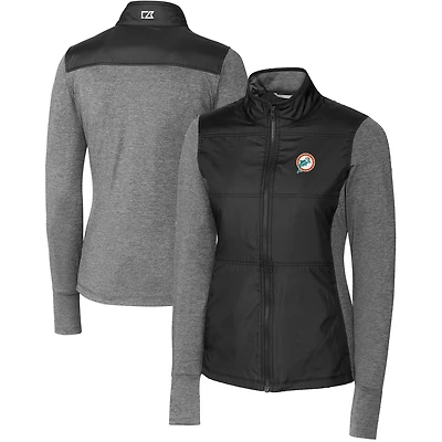 Women's Cutter & Buck Black Miami Dolphins Throwback Logo Stealth Hybrid Quilted Full-Zip Windbreaker Jacket