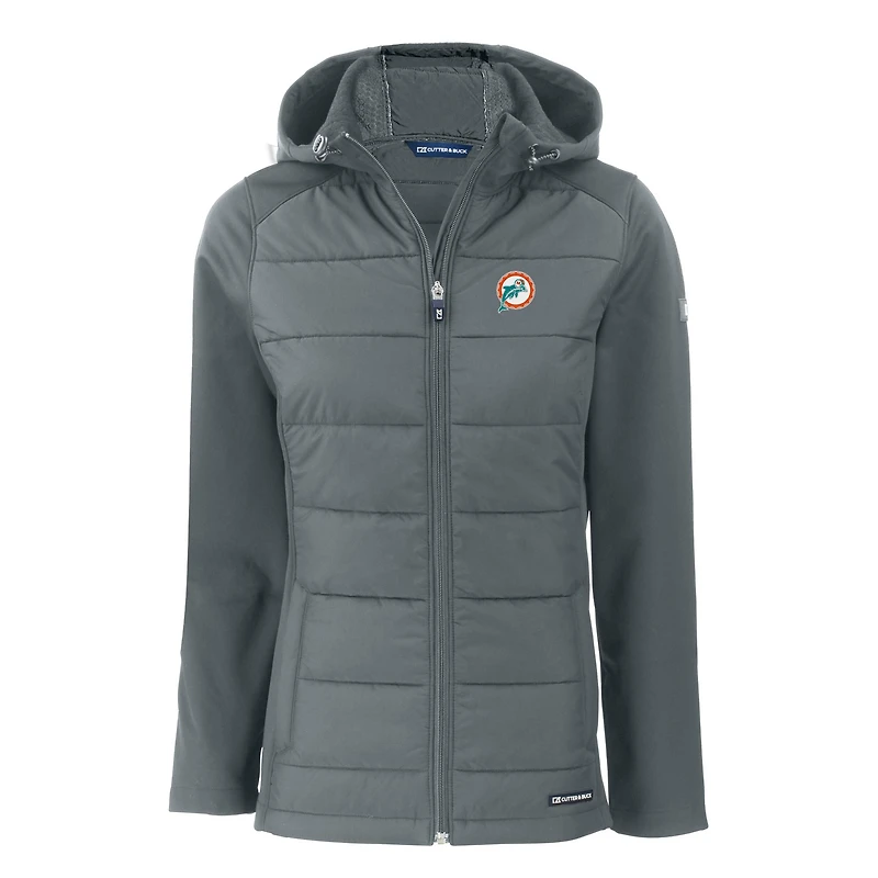 Women's Cutter & Buck  Gray Miami Dolphins Throwback Evoke Hybrid Eco Softshell Recycled Full-Zip Hoodie Jacket