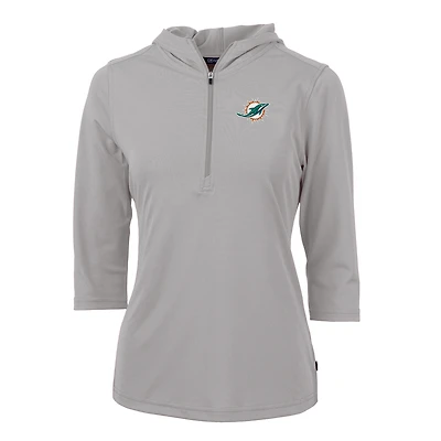Sweat à capuche demi-zippé en piqué écologique Virtue pour femme, gris, Cutter & Buck, Miami Dolphins, manches 3/4