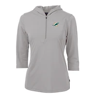 Sweat à capuche demi-zippé en piqué écologique Virtue pour femme, gris, Cutter & Buck, Miami Dolphins, manches 3/4