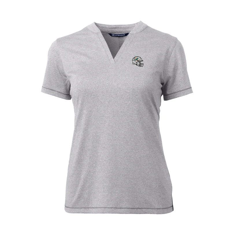 Haut à col en V extensible DryTec Forge pour femme, bleu chiné, avec logo du casque des Dolphins de Miami, Cutter & Buck
