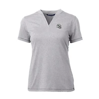 Haut à col en V extensible DryTec Forge pour femme, bleu chiné, avec logo du casque des Dolphins de Miami, Cutter & Buck