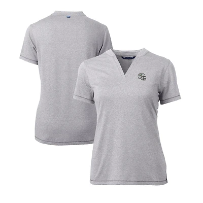 Haut à col en V extensible DryTec Forge pour femme, bleu chiné, avec logo du casque des Dolphins de Miami, Cutter & Buck
