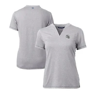 Haut à col en V extensible DryTec Forge pour femme, bleu chiné, avec logo du casque des Dolphins de Miami, Cutter & Buck