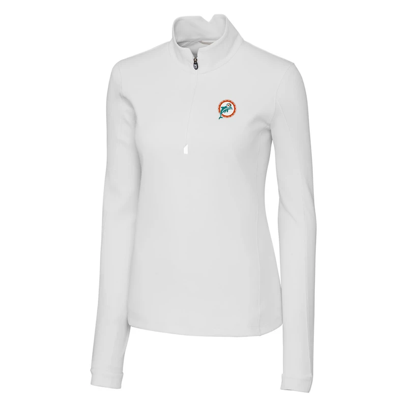 Pull-over Cutter & Buck pour femme, blanc, à logo rétro Miami Dolphins, coupe extensible, fermeture éclair 1/4.